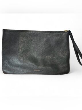 Fossil Black Pebbled Leather wristlet Toiletry Pouch with Gold accents